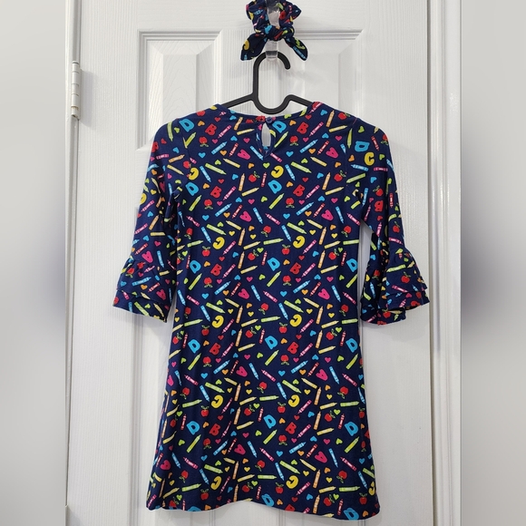Colorful School Patterned Kids Dress with Matching Scrunchie Size: 6X - Picture 2 of 7